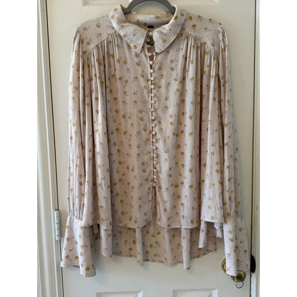 Free People Floral Print Button Front Blouse Top Beige Yellow Size L - Picture 2 of 9